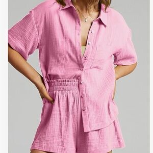 Pink Gauze Button-Up Shirt & Shorts Set